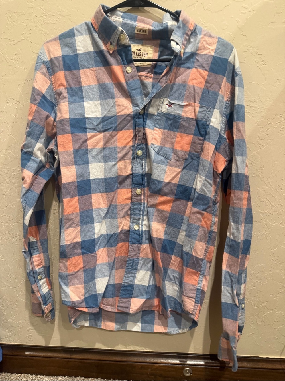 Hollister Peach and Blue Plaid Button-Down Shirt